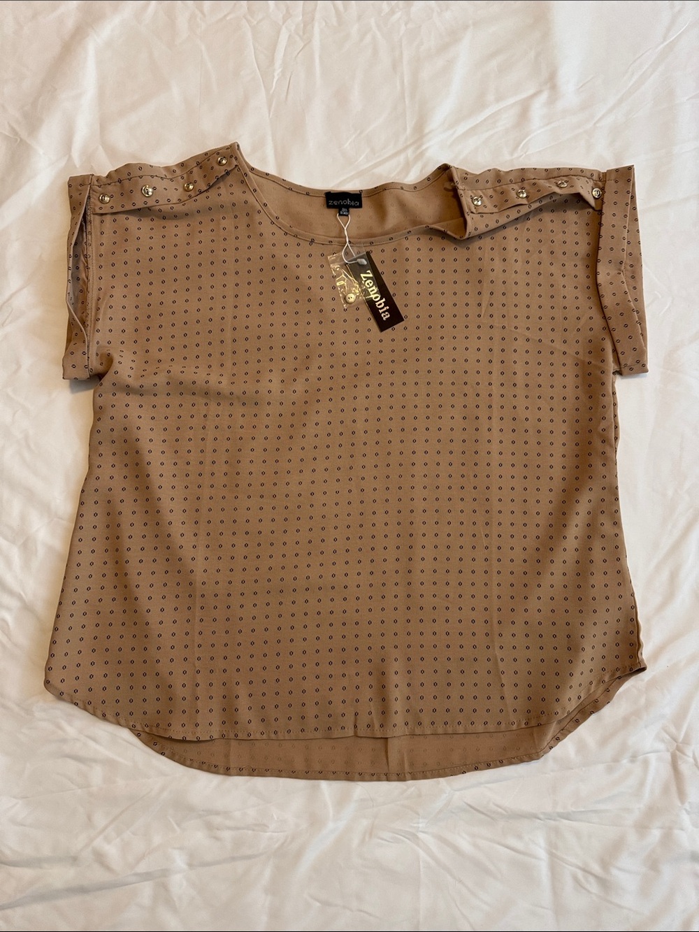 Zenobia Tan Studded Flutter Sleeve Blouse